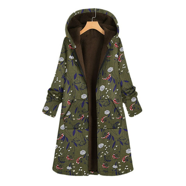 POTO Coats for Women Plus Size Ladies Vintage Winter Warm Floral Coat Hooded Pockets Jacket Parkas Outwear 
